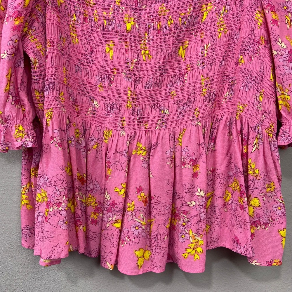 Scoop Pink Floral Cropped Blouse Size XXL Smocked Peplum Top Square Neck Cottage - Picture 4 of 12